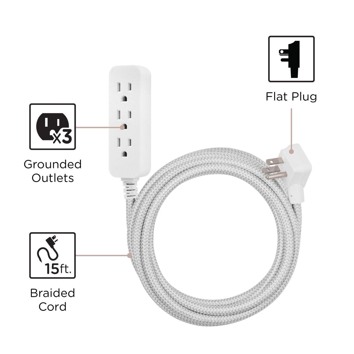 Cordinate 15ft. 3-Outlet Braided Extension Cord - EZ Does It