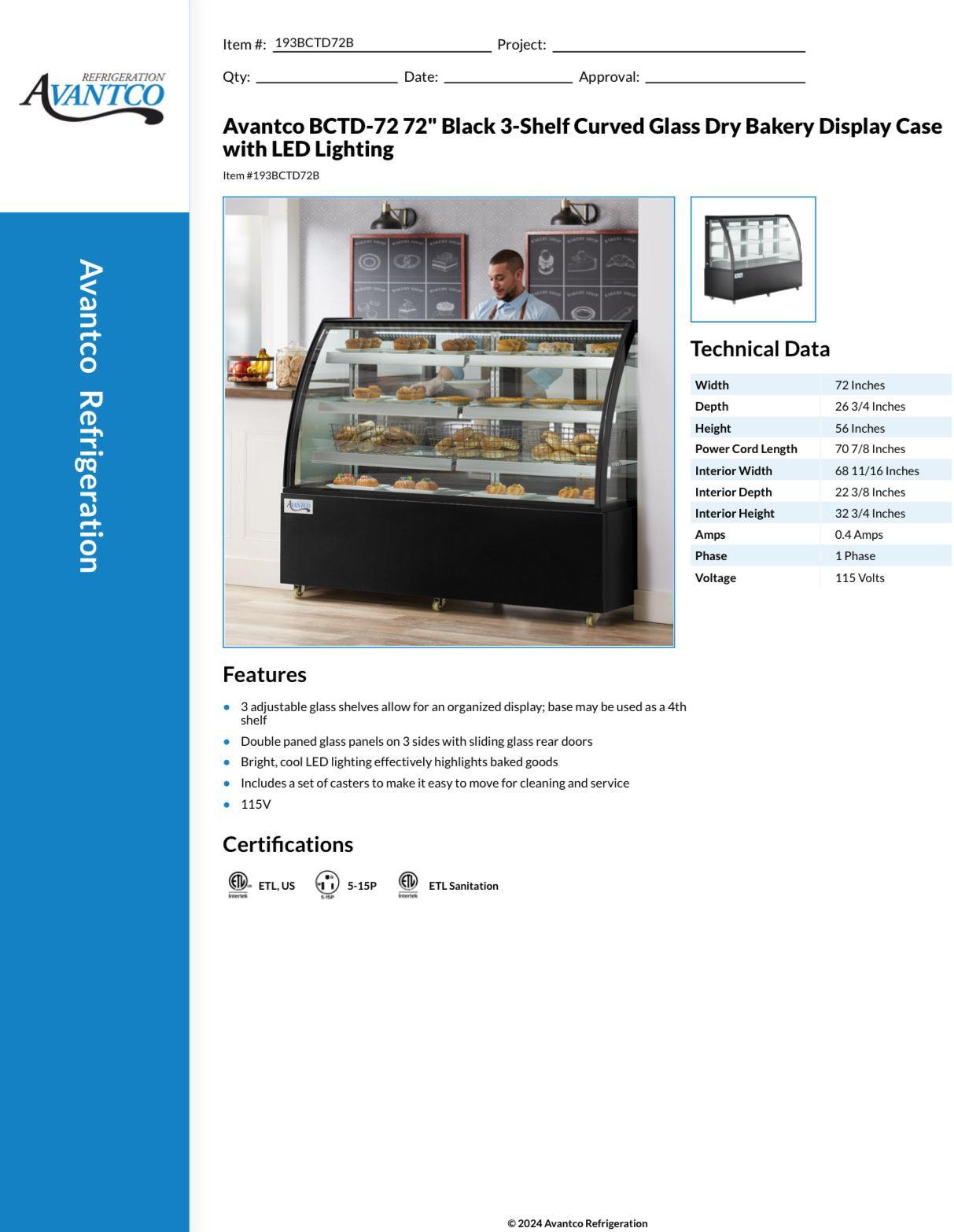 72” 3-Shelf Curved Glass Dry Bakery Display Case - EZ Does It