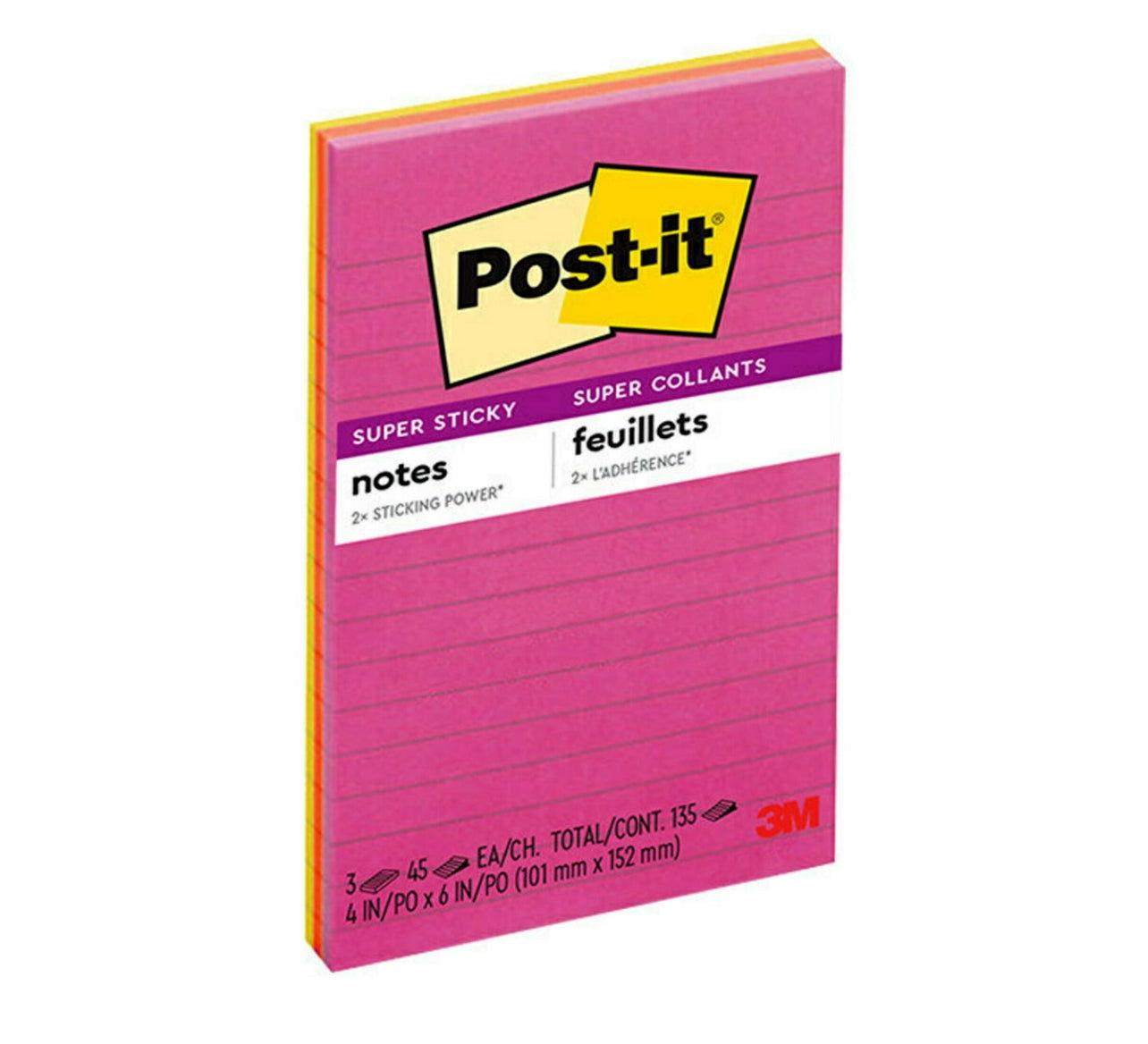 Post-it Super Sticky Notes, Lined, 4 in x 6 in, Assorted Brights, 3 Pads